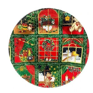 HANDMADE OLD FASHIONED CHRISTMAS COTTAGE CORE DECOUPAGE FABRIC GLASS PLATE